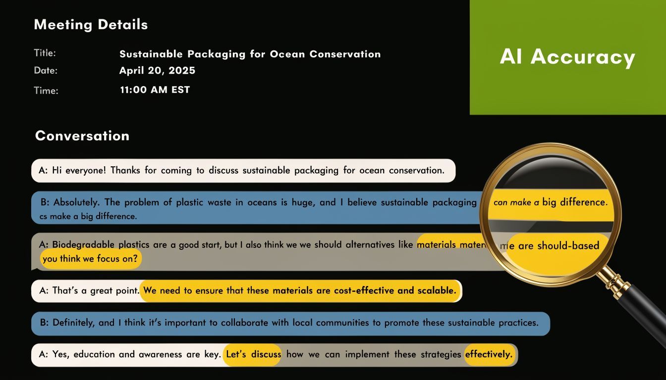 A magnifying glass inspecting meeting transcript text on a slide about sustainable packaging for ocean conservation.