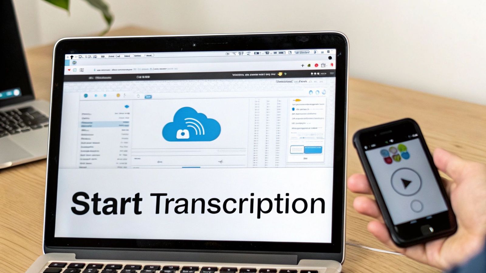 A person holds a smartphone next to a laptop displaying "Start Transcription" and a cloud icon, for audio transcription.