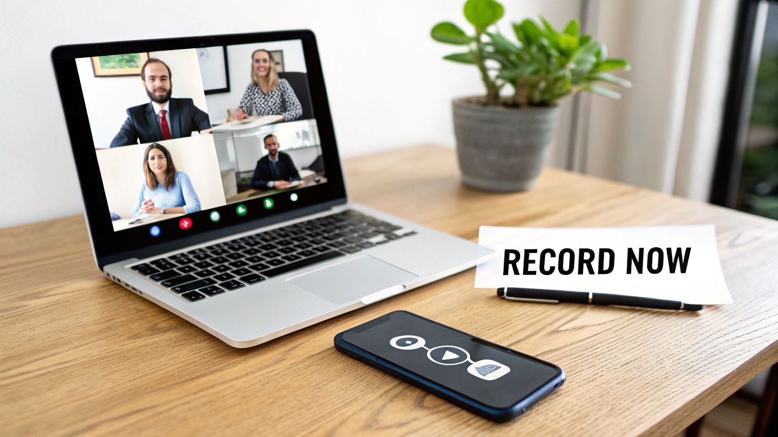 A laptop displays a video conference with four participants, a smartphone, and a 'RECORD NOW' sign.