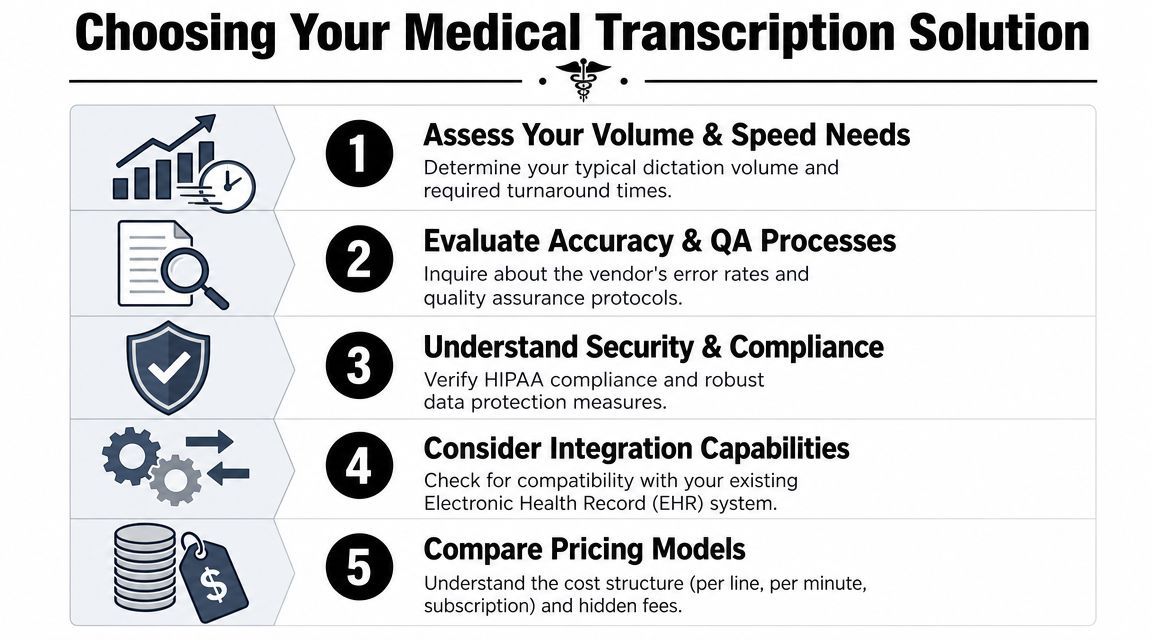 A five-step guide on how to choose a professional medical transcription solution for healthcare providers.