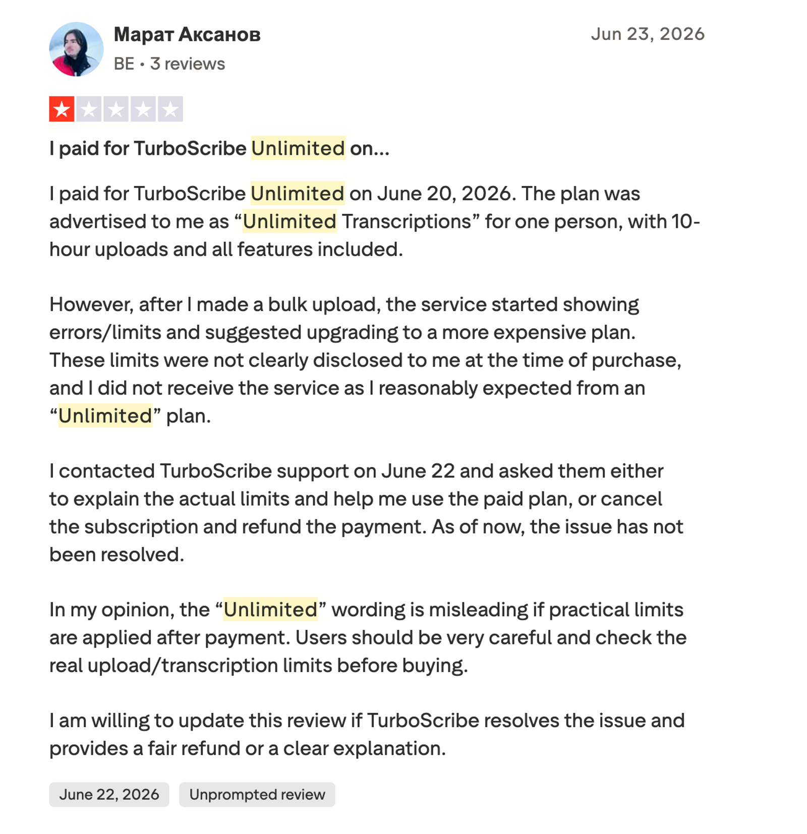 TurboScribe review from a customer on Trustpilot