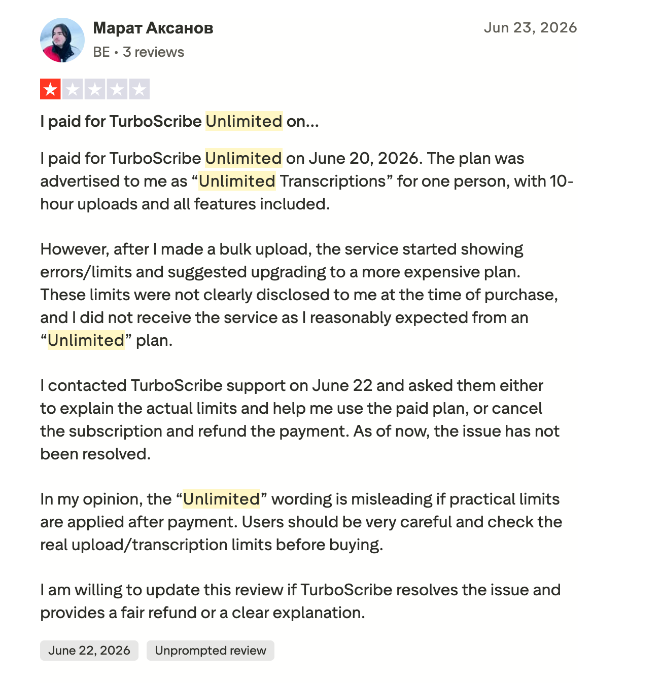 TurboScribe review from a customer on Trustpilot