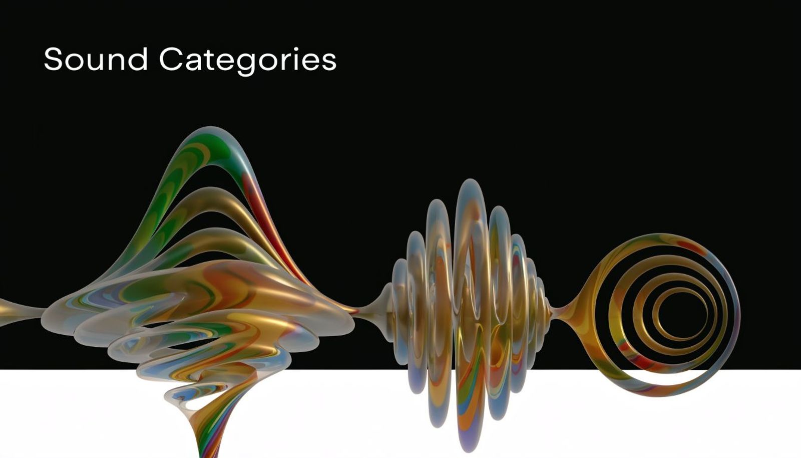 A 3D abstract sculpture of colorful, swirling, and concentric wave-like shapes on a black and white background.