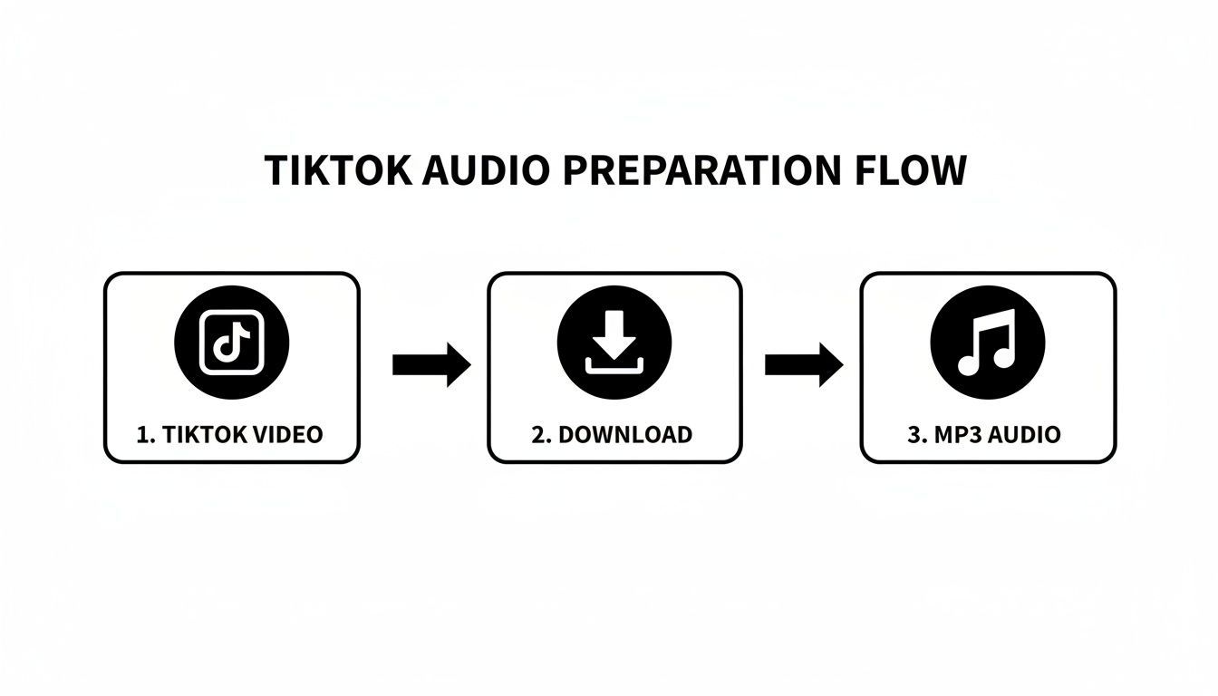 Flowchart showing the steps to convert a TikTok video into an MP3 audio file.