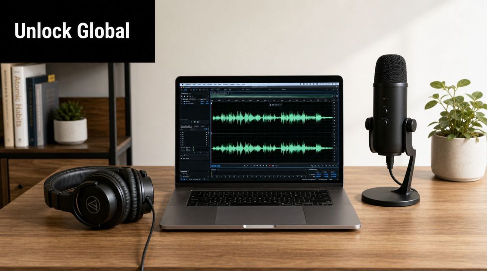 A professional desk setup featuring a laptop with audio software, studio headphones, and a microphone for recording.