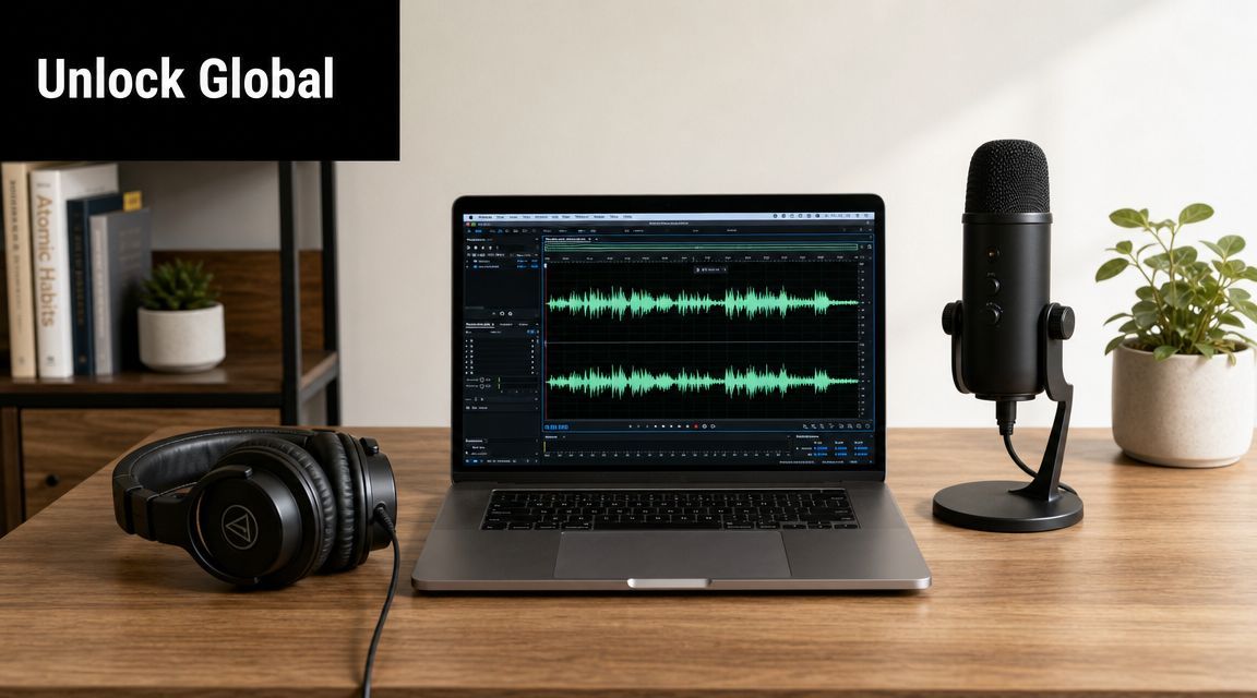 A professional desk setup featuring a laptop with audio software, studio headphones, and a microphone for recording.
