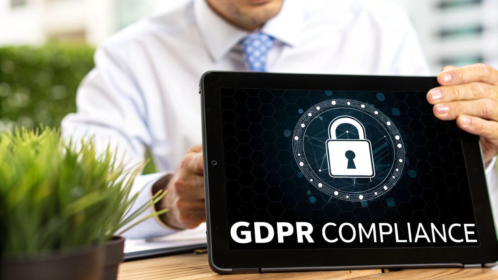 A business professional holds a tablet displaying a padlock and 'GDPR COMPLIANCE' text.