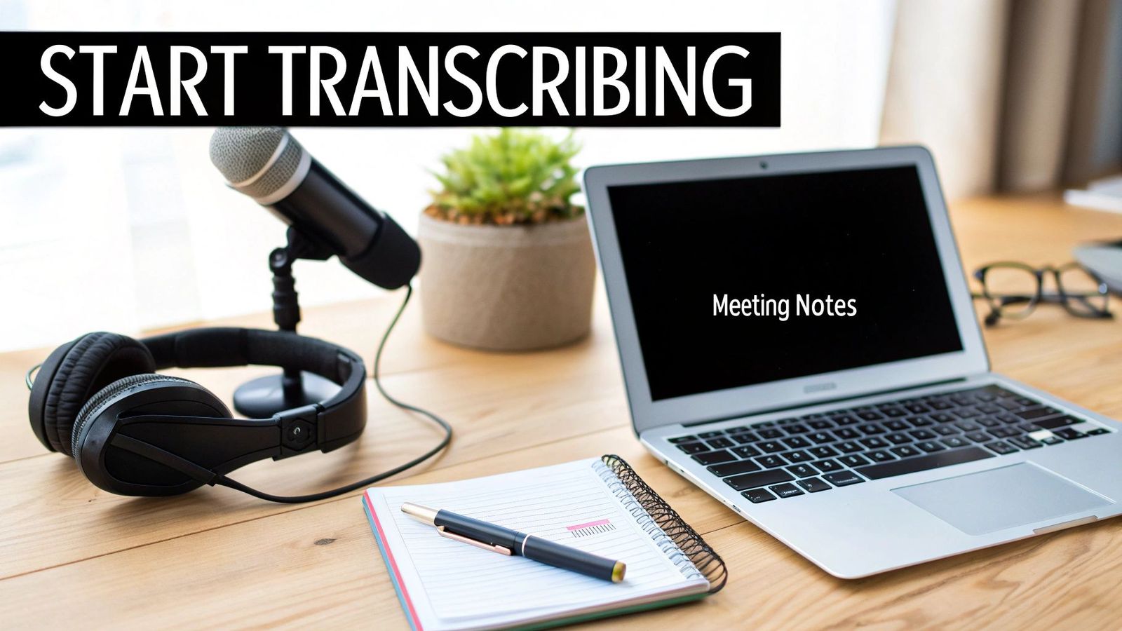 Transcription workspace with microphone, headphones, laptop showing meeting notes, and notebook on desk