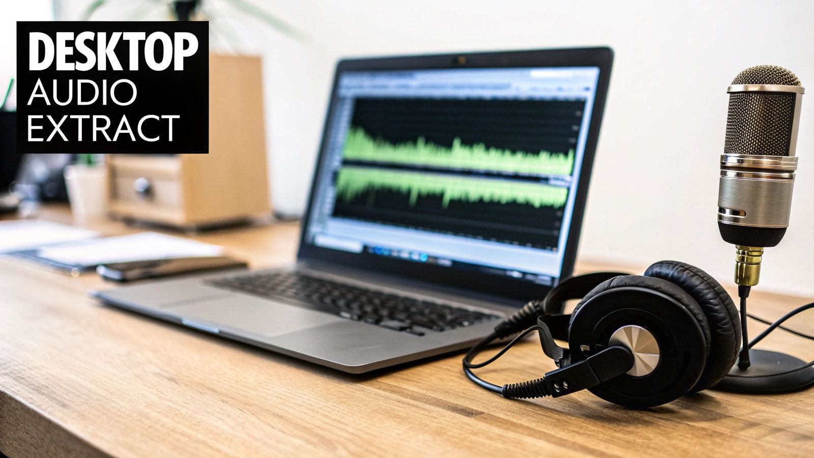 A laptop displaying audio waveforms, headphones, and a professional microphone on a wooden desk, symbolizing audio extraction.