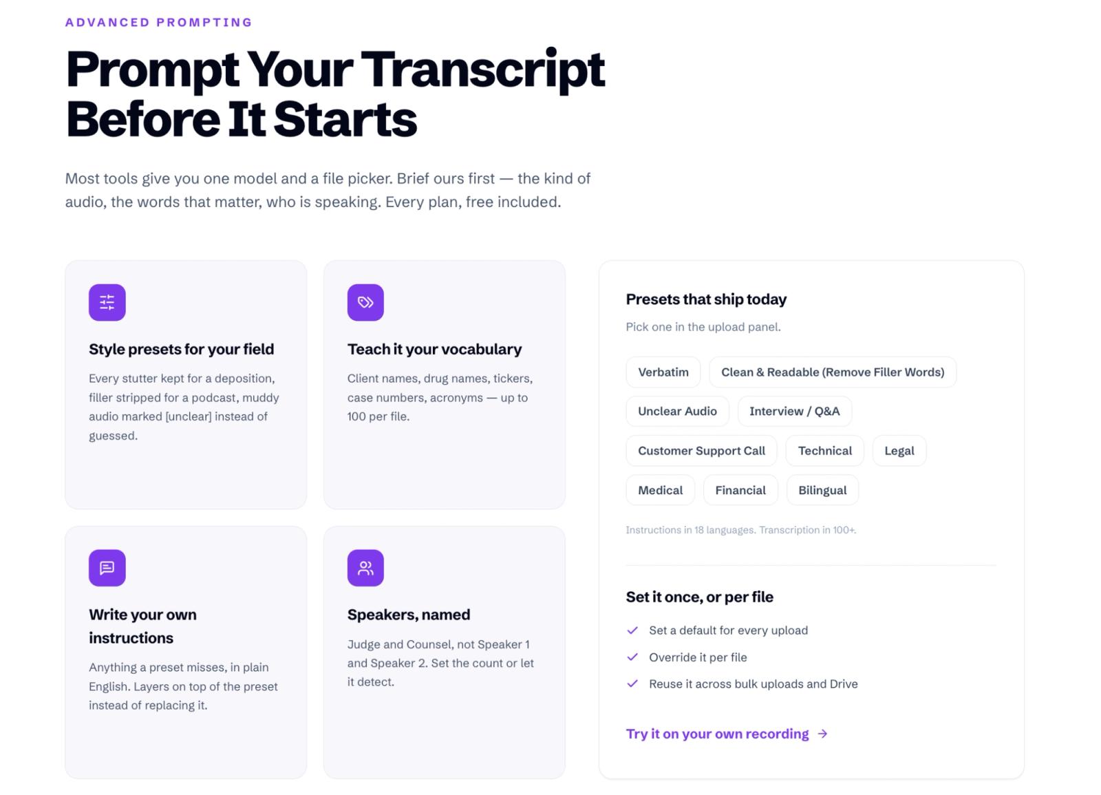 WhisperAI interface showing transcription presets and custom instructions