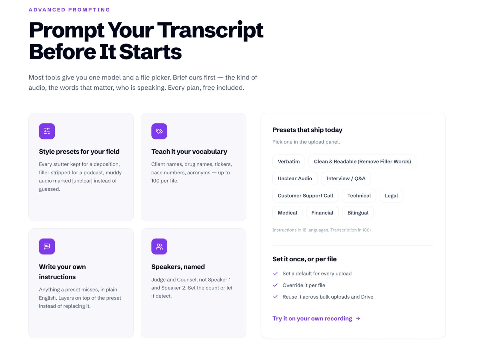 WhisperAI interface showing transcription presets and custom instructions