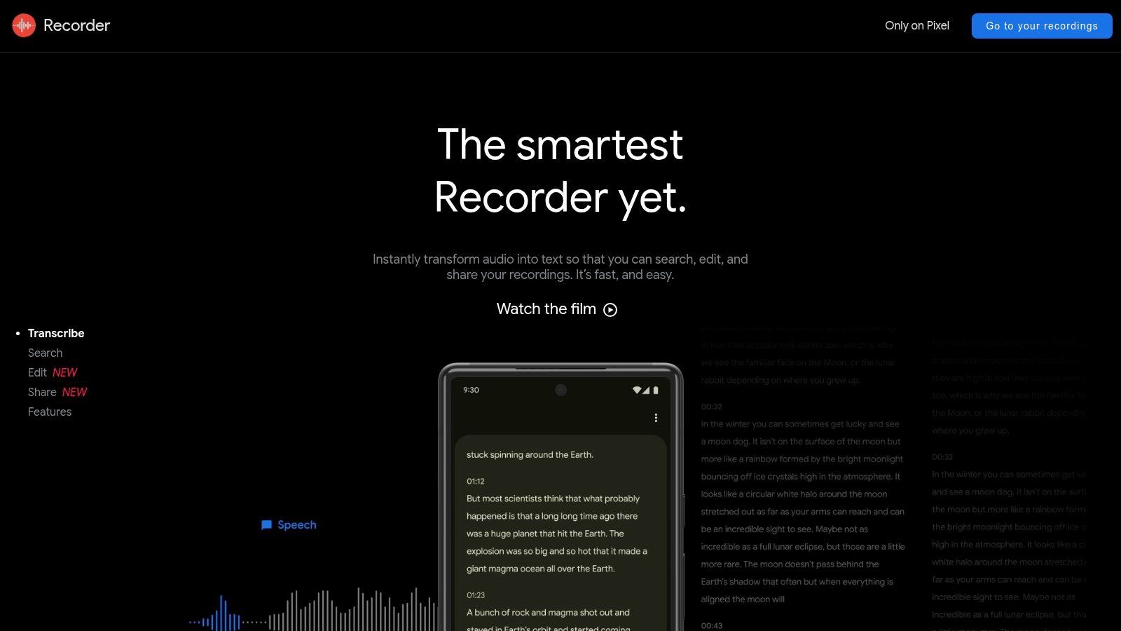 Google Recorder app showing audio waveform and live transcription