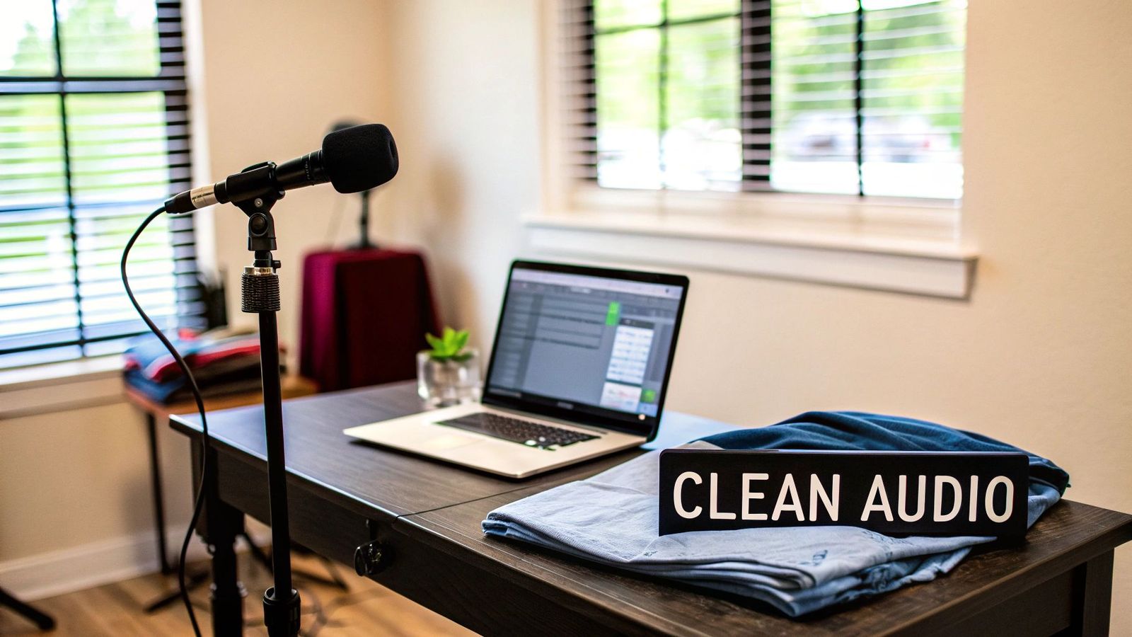 A podcast recording setup with a microphone, laptop, and a "CLEAN AUDIO" sign on a dark wooden desk.