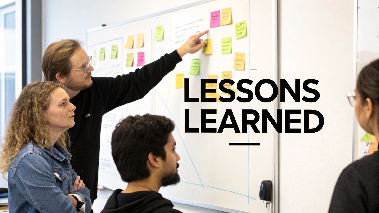 Professionals collaborating on a whiteboard with sticky notes, discussing 'Lessons Learned' in a meeting.