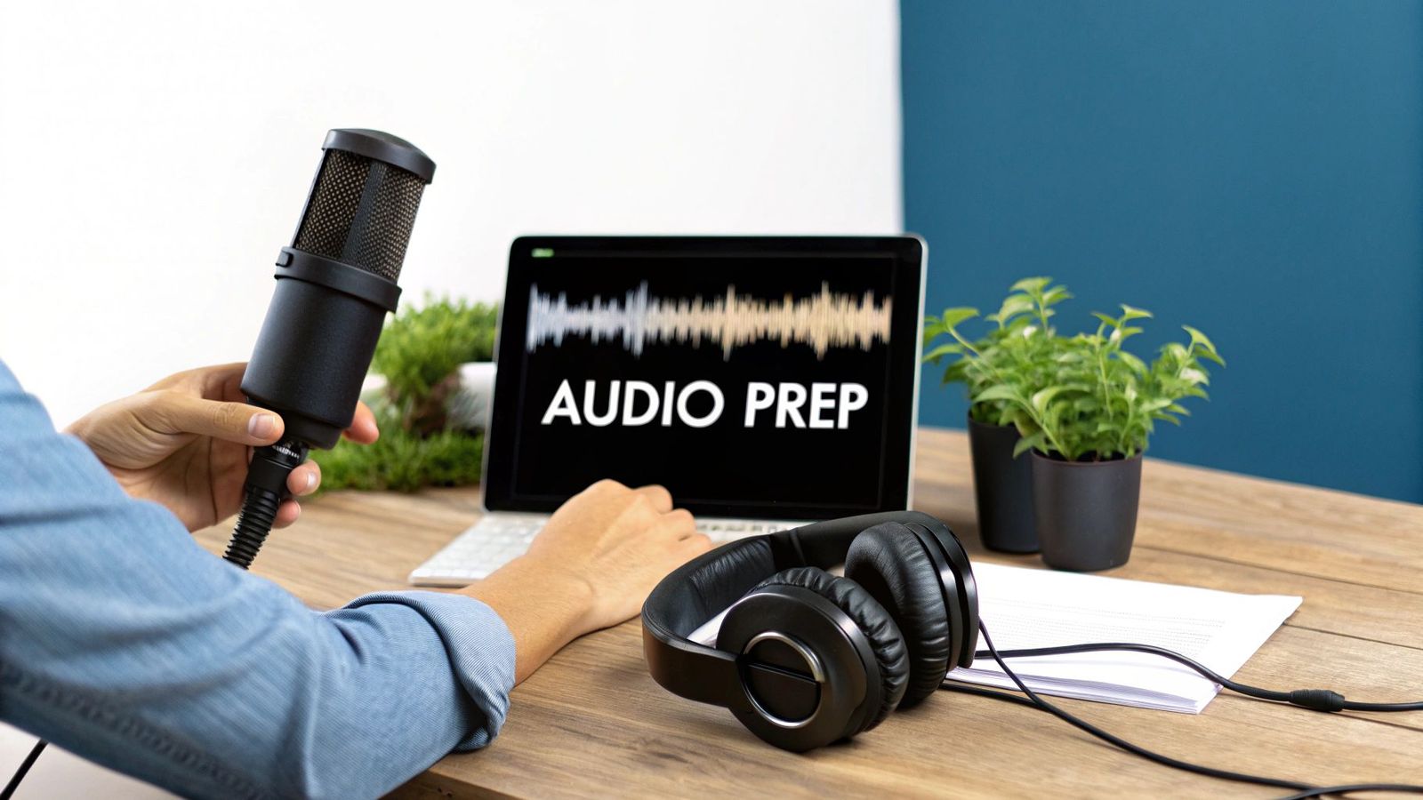 A professional microphone setup in a quiet room, ready for recording high-quality audio.