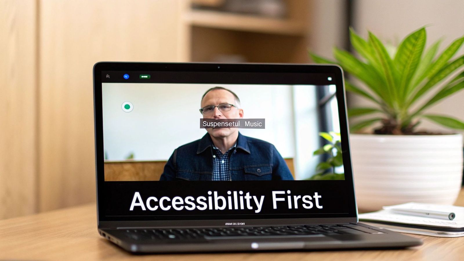 A person using a laptop with accessibility icons floating around the screen, representing inclusive technology.