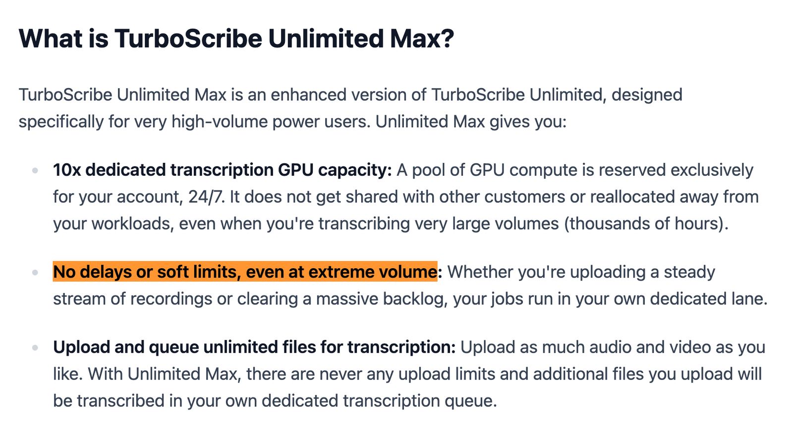 TurboScribe Unlimited Max “no delays or soft limits” claim