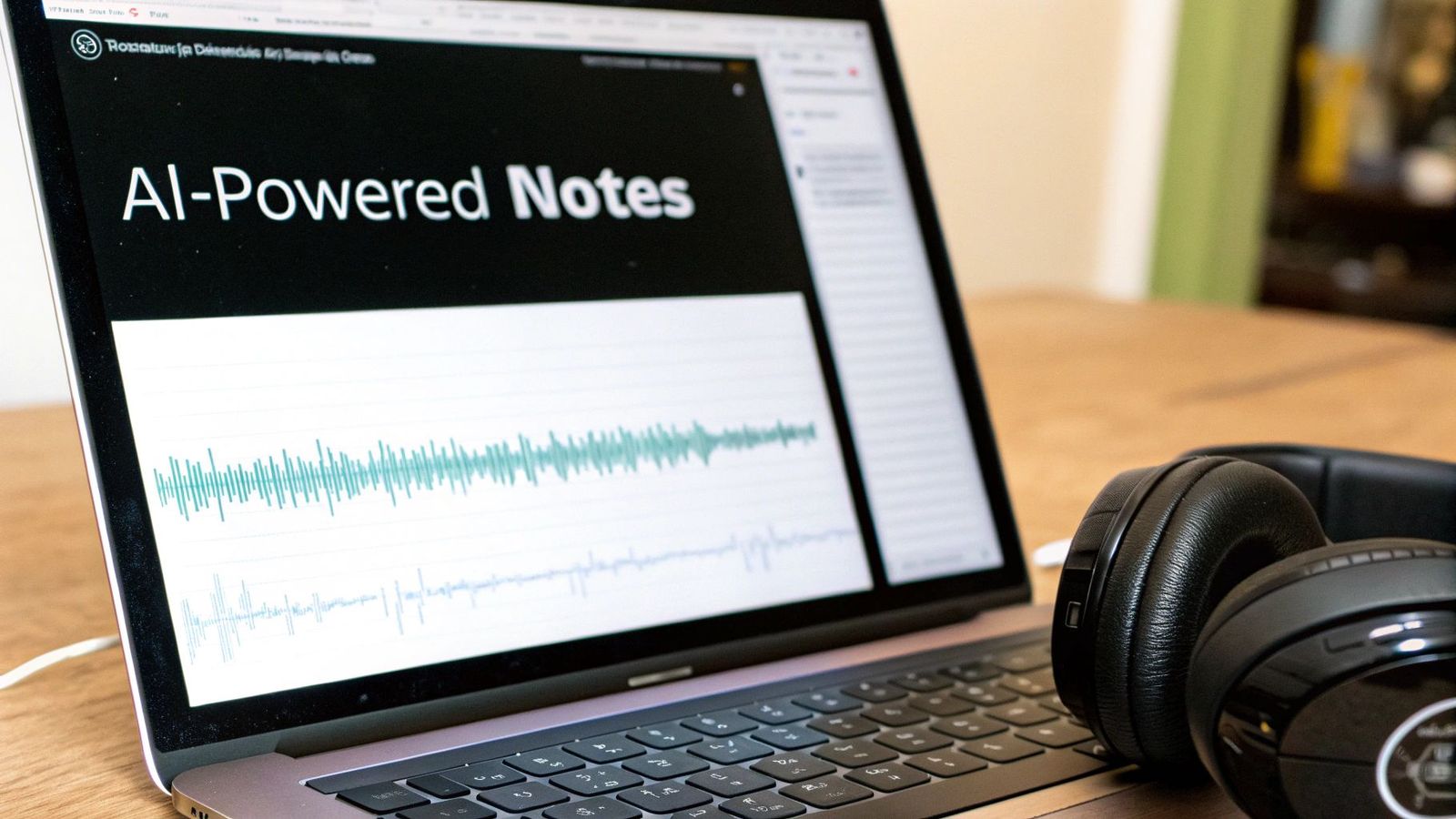 Laptop displaying AI-powered notes application with audio waveform and headphones on wooden desk