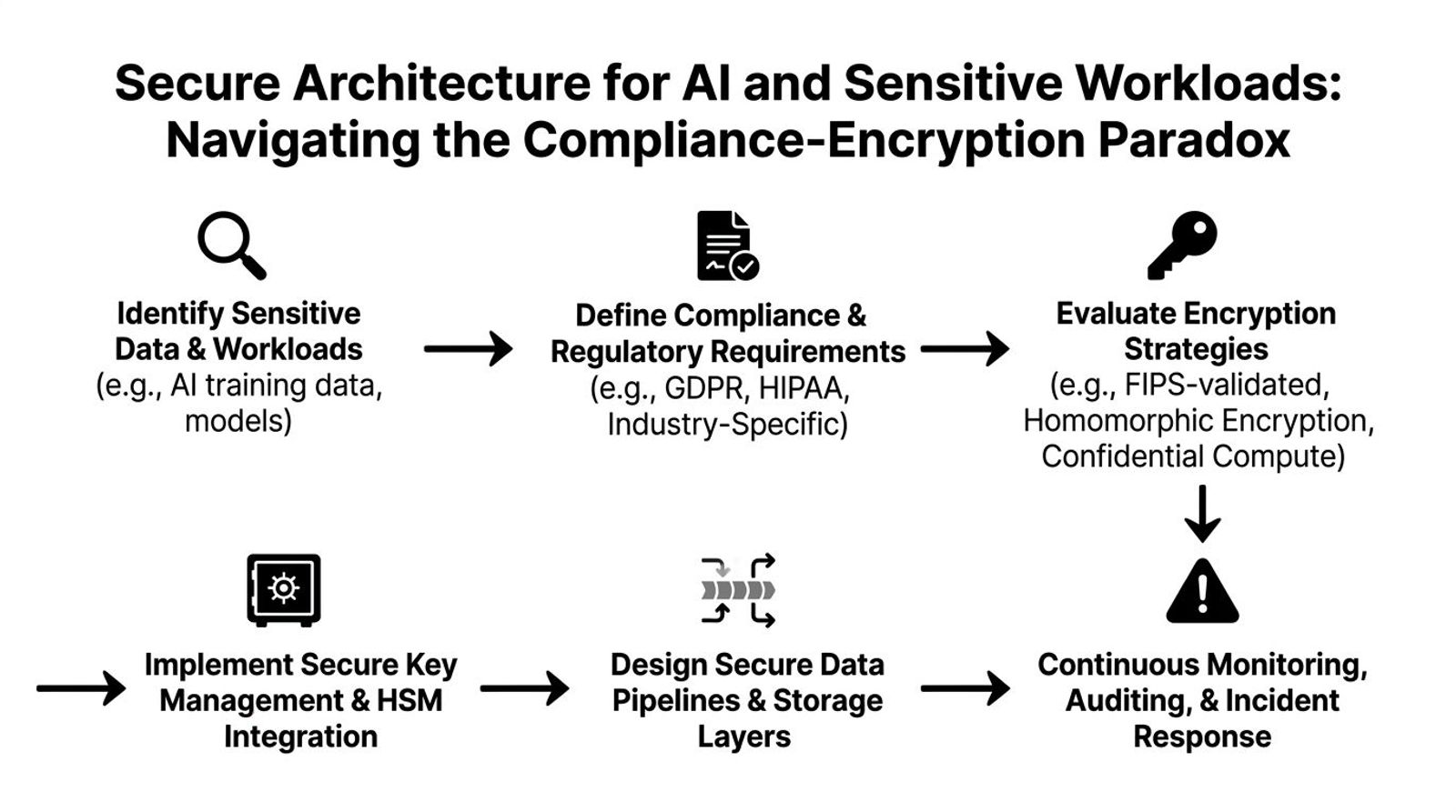 A flowchart diagram illustrating the steps to create a secure architecture for AI and sensitive data workloads.