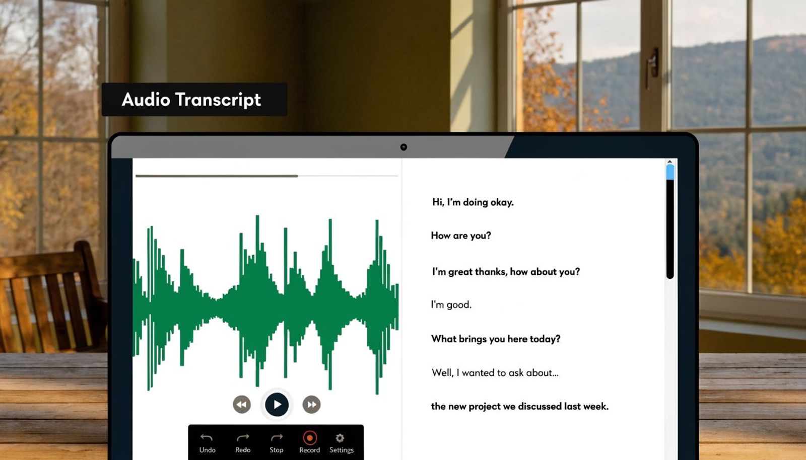 A digital screen showing an audio recording interface with a transcript of a conversation on the right.