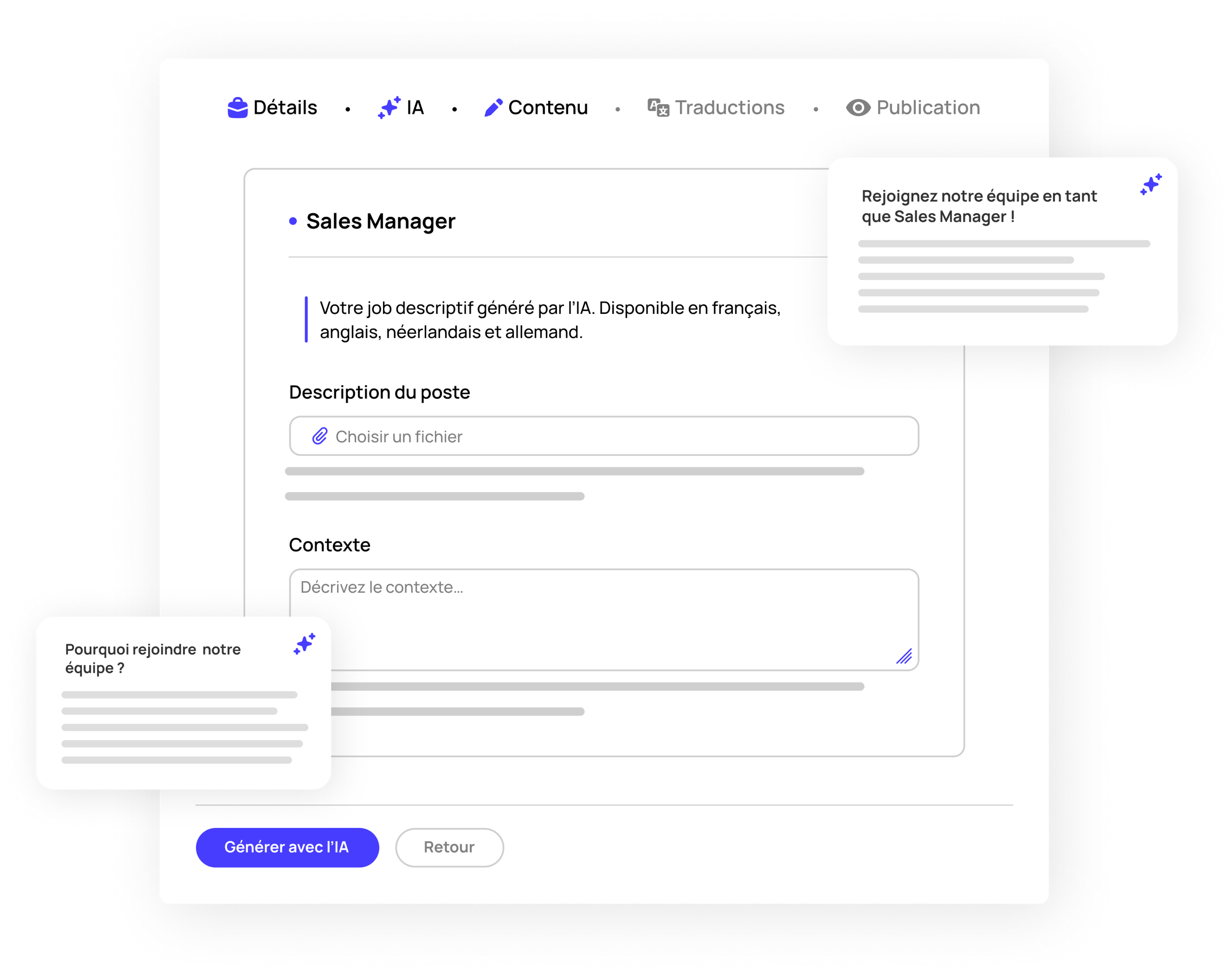Screenshot of the Jobloom ATS interface showing an AI-powered job description generator available in English, French, Dutch, and German