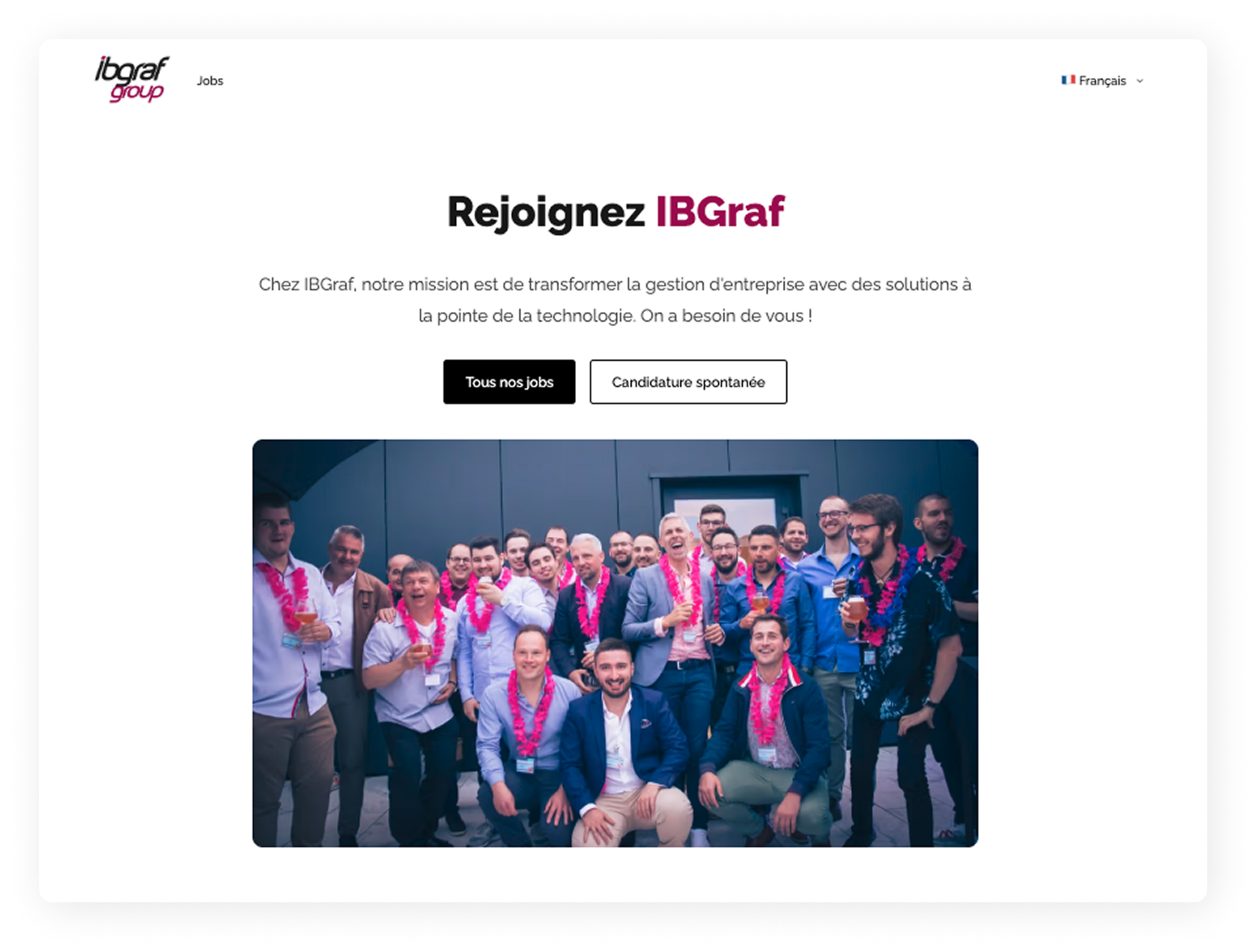 A screenshot of the IBGraf Group career site created with Jobloom, featuring a festive team photo and call-to-action buttons for open job positions.