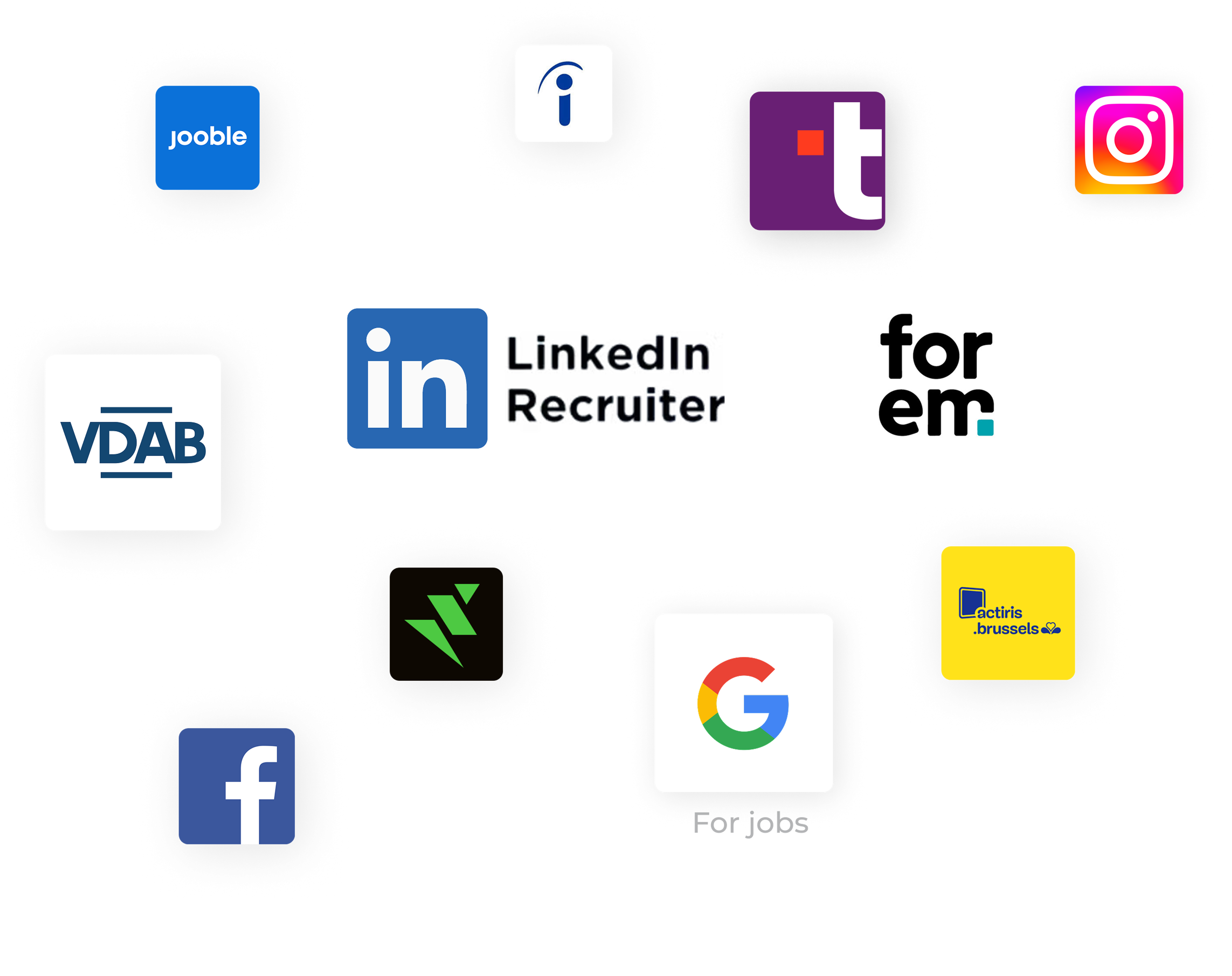 Logos of Jobloom integration partners for automatic job posting visibility, including LinkedIn Recruiter, Google Jobs, and other partners.