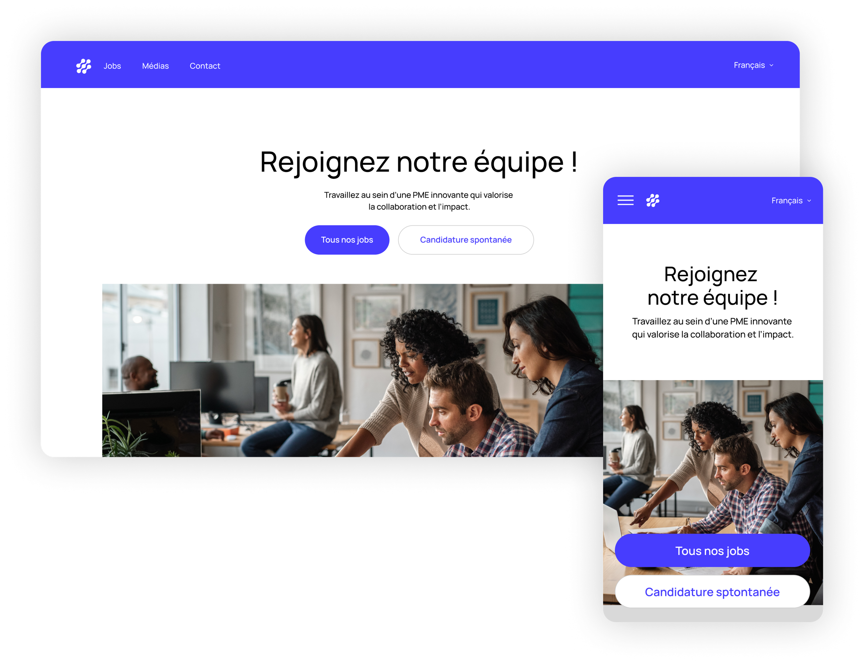 A desktop and mobile preview of a Jobloom mockup career site, demonstrating a fully responsive and optimized interface for attracting talent.