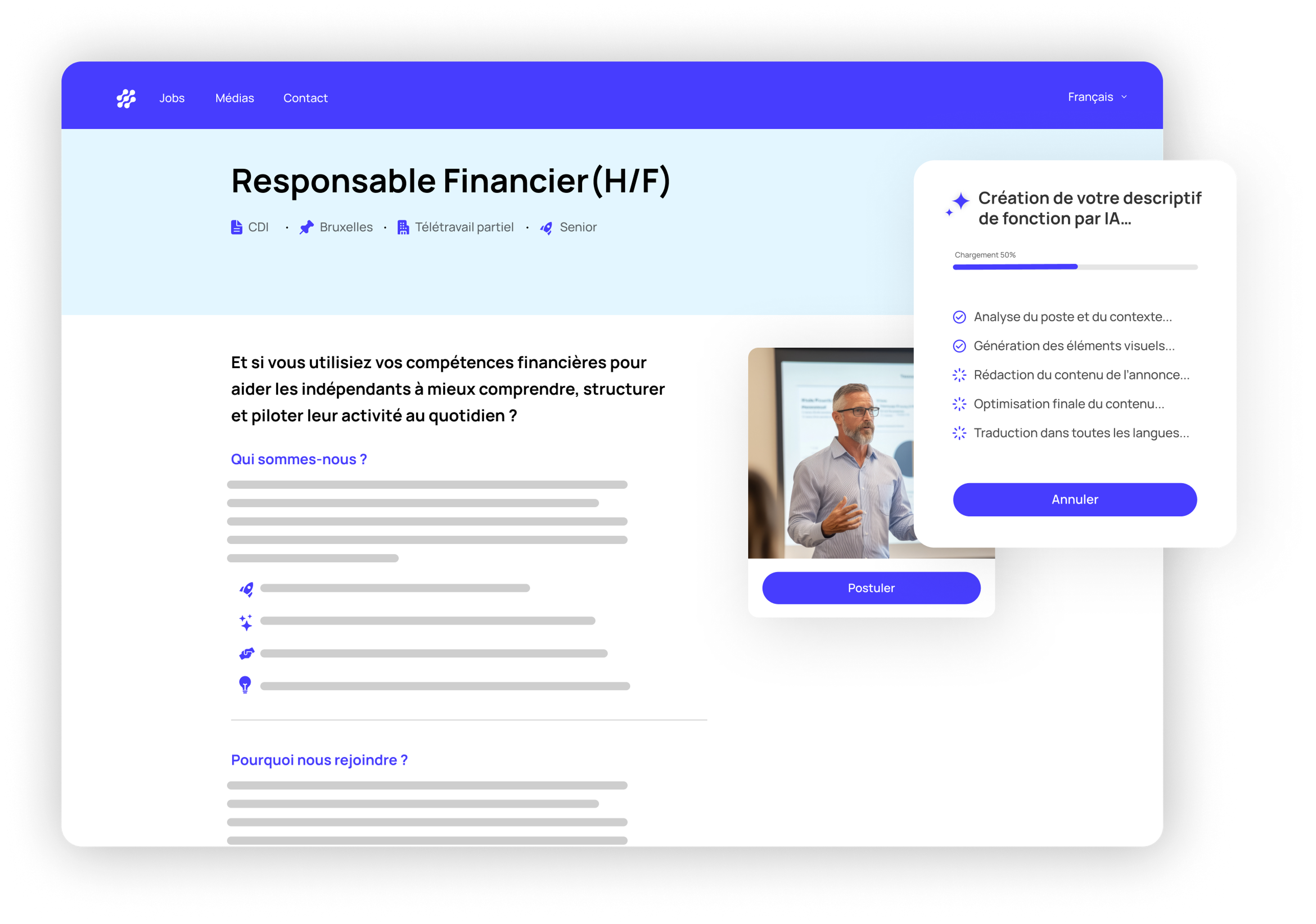 A screenshot of the Jobloom platform demonstrating an AI job description generator in progress for a Financial Manager position, including automated translation and content optimization.