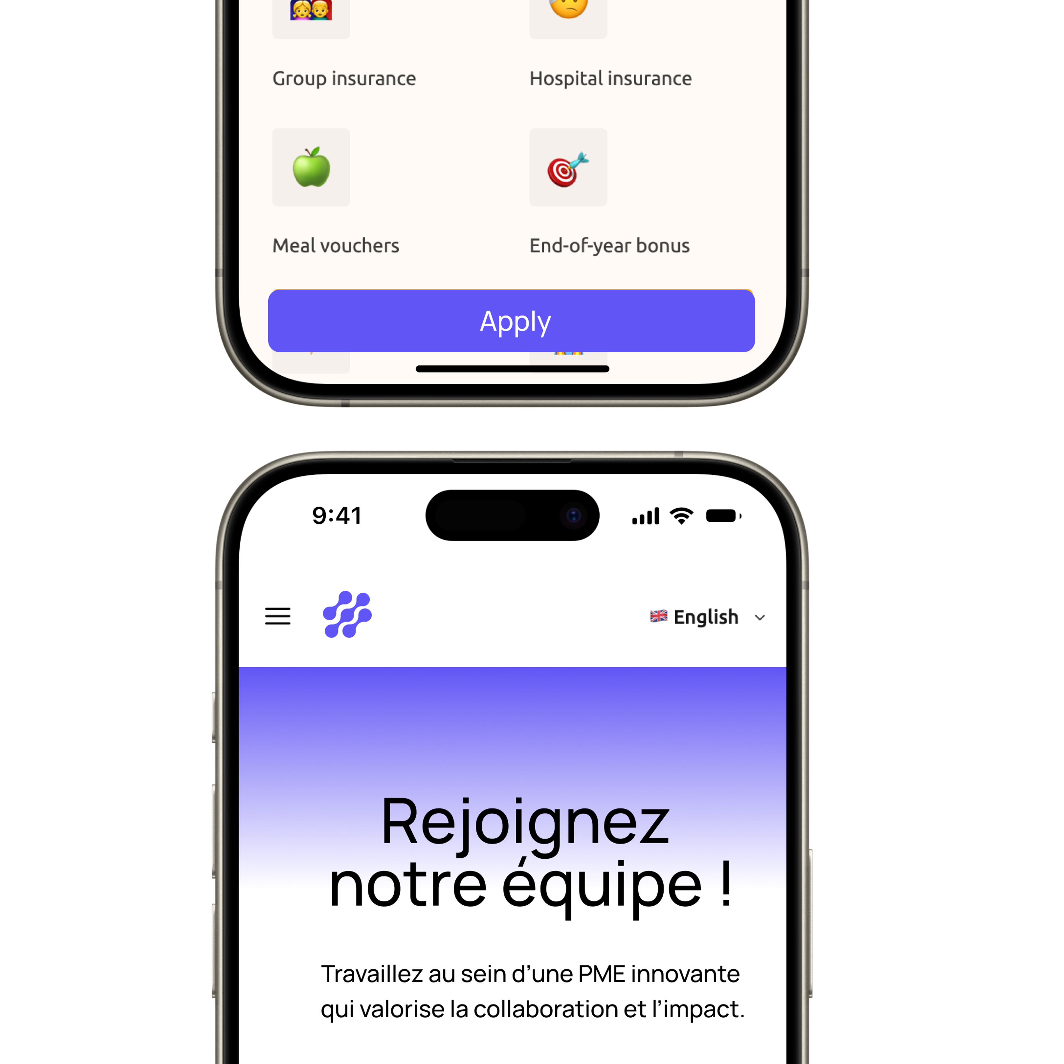 Close-up mobile mockup of a Jobloom career site showing a seamless candidate application interface with employee benefits and a prominent apply button.
