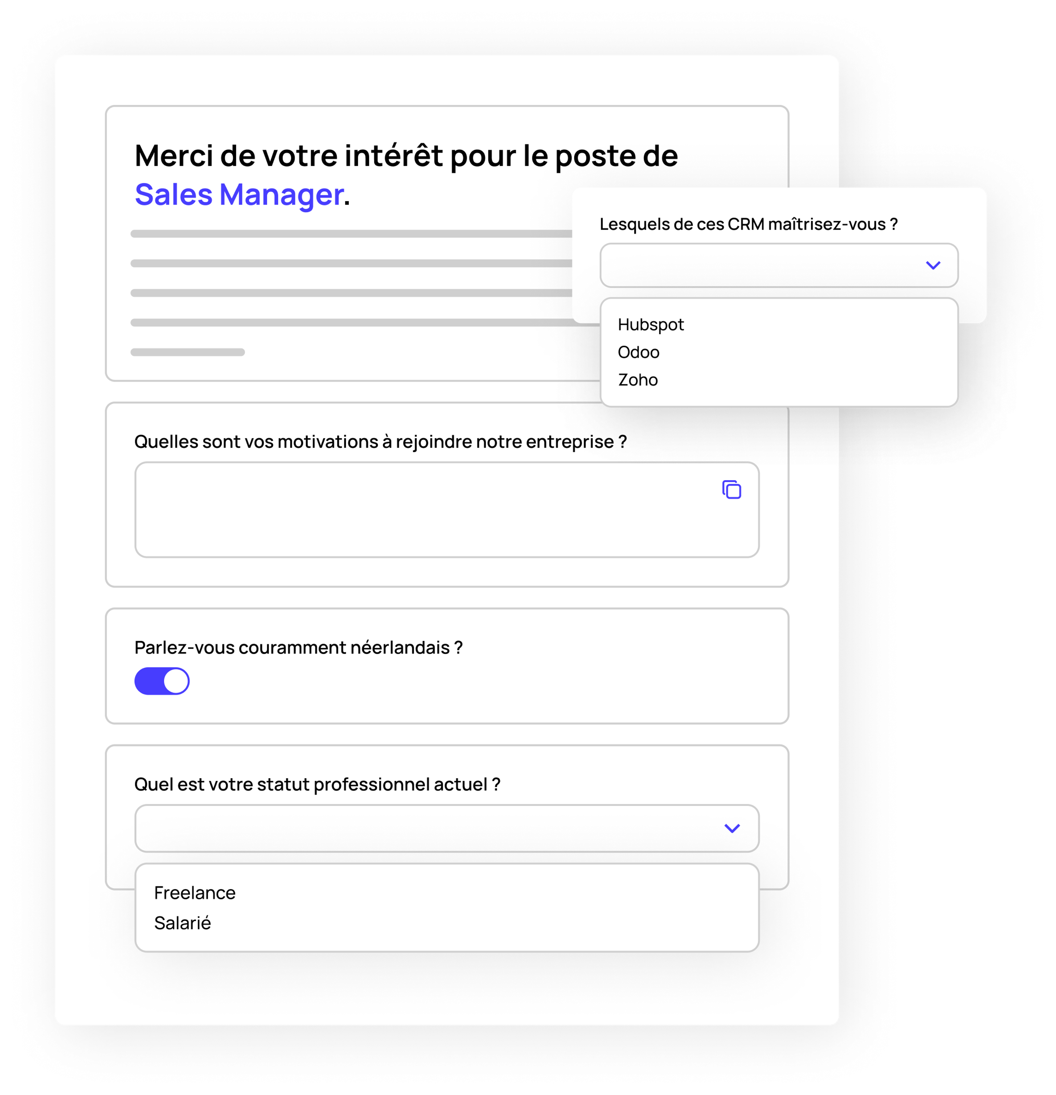 A screenshot of a Jobloom ATS form for a Sales Manager position, featuring custom screening questions for CRM skills, language proficiency, and employment status.