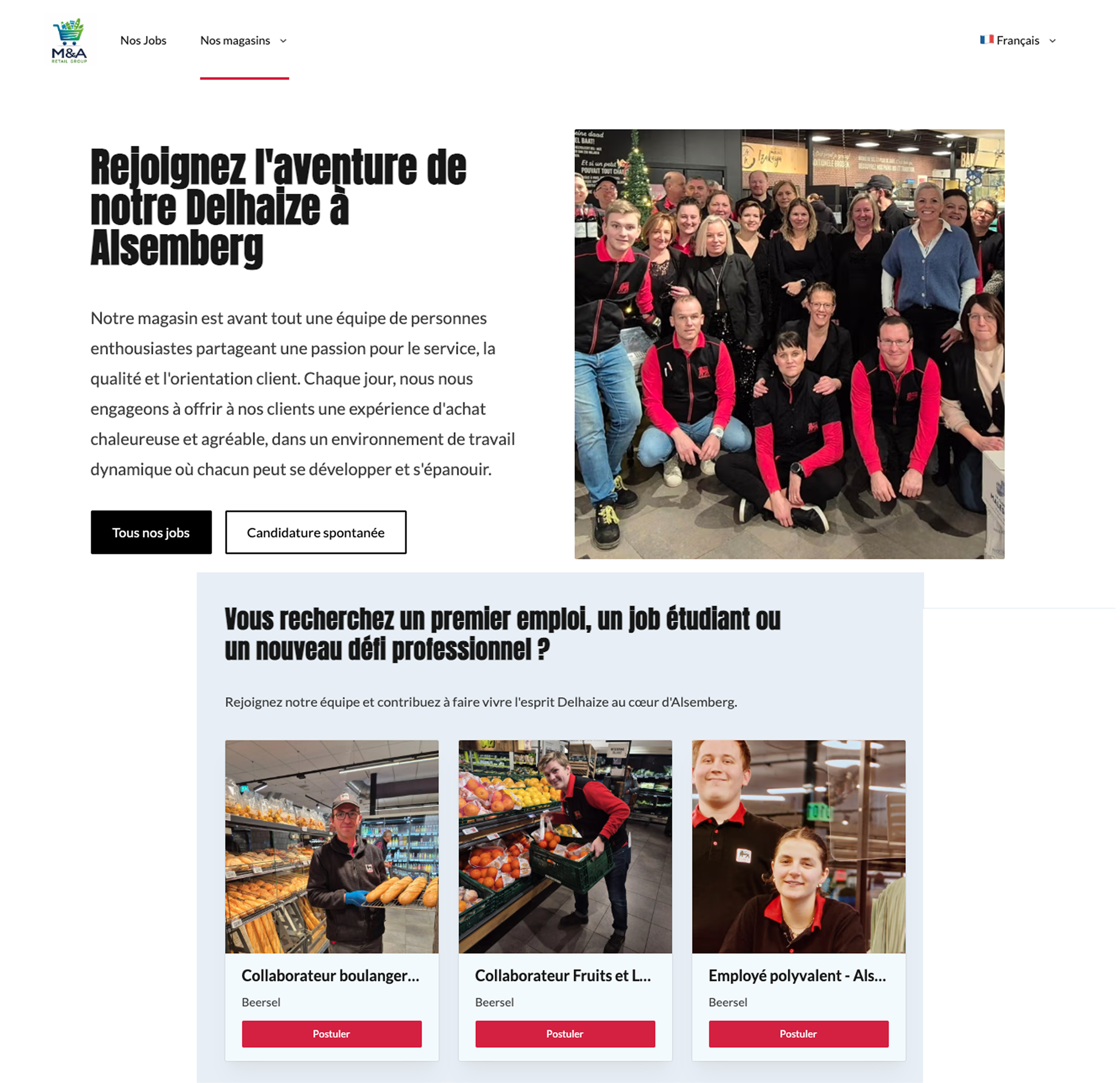 Screenshots of Alsemberg Delhaize's career site homepage and job opportunities.