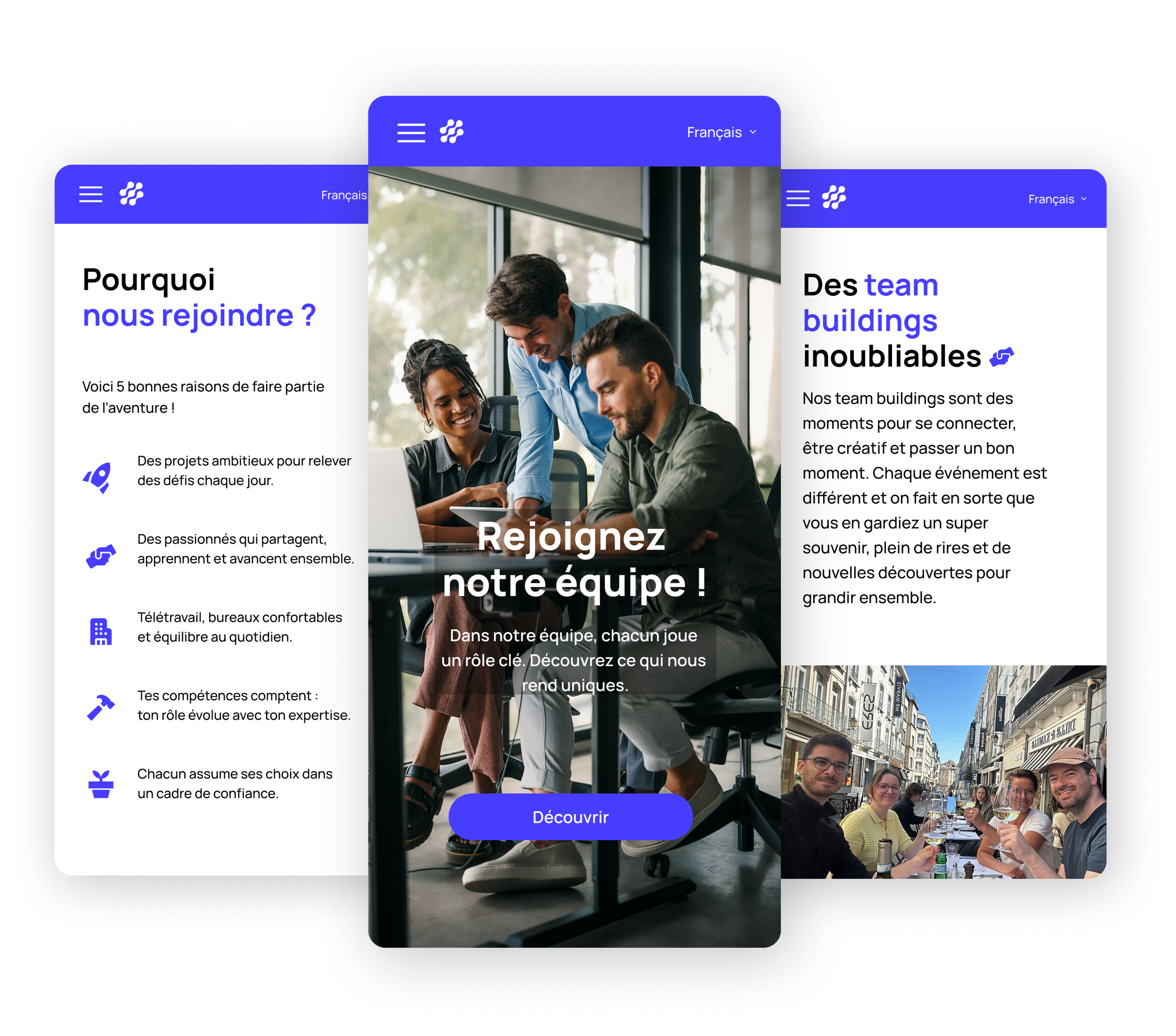 Mockup of a Jobloom career site on three mobile phones, showing responsive design features for company culture, team benefits, and recruitment.