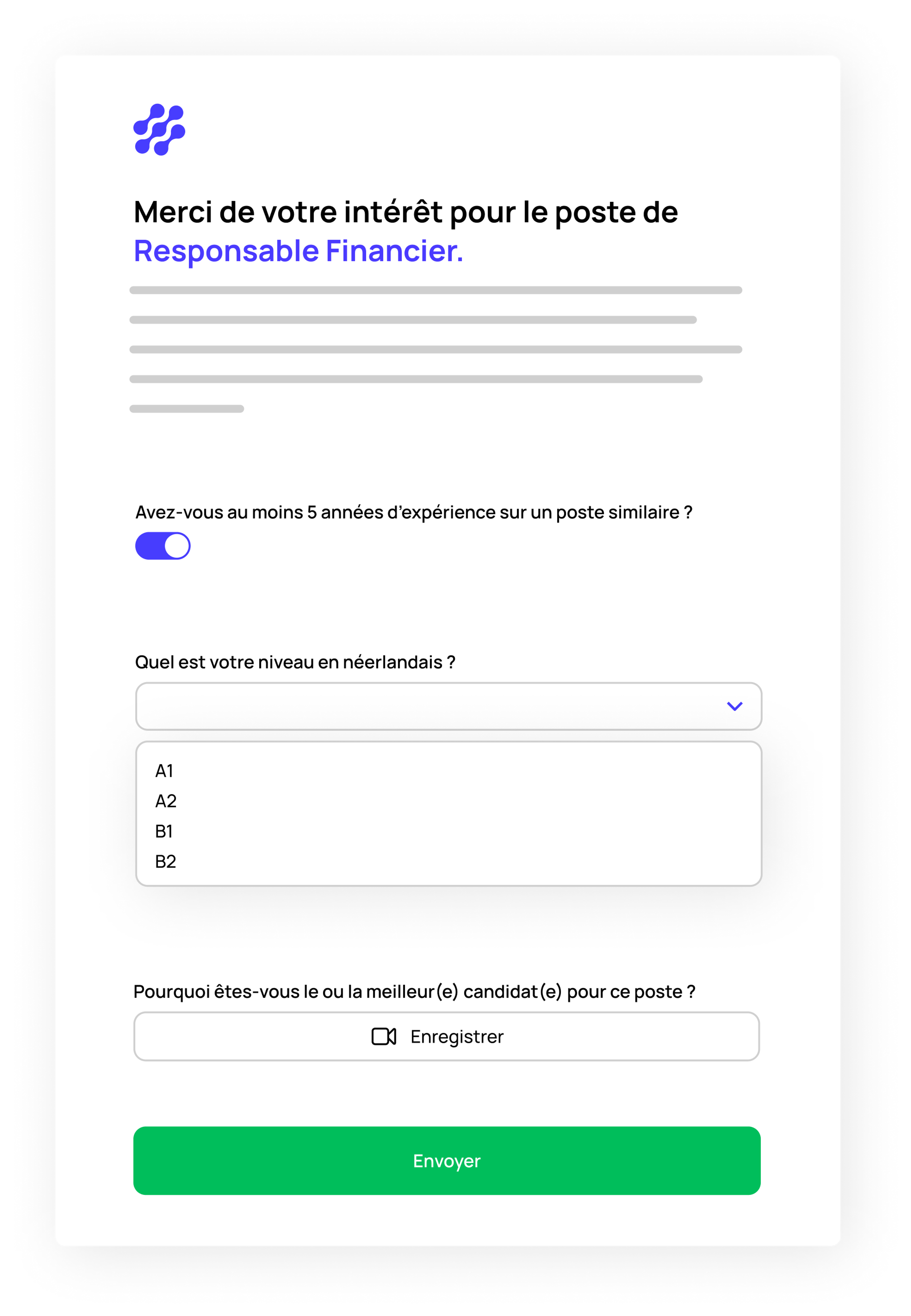 Screenshot of the web page form for the recruitment of a Financial Director.