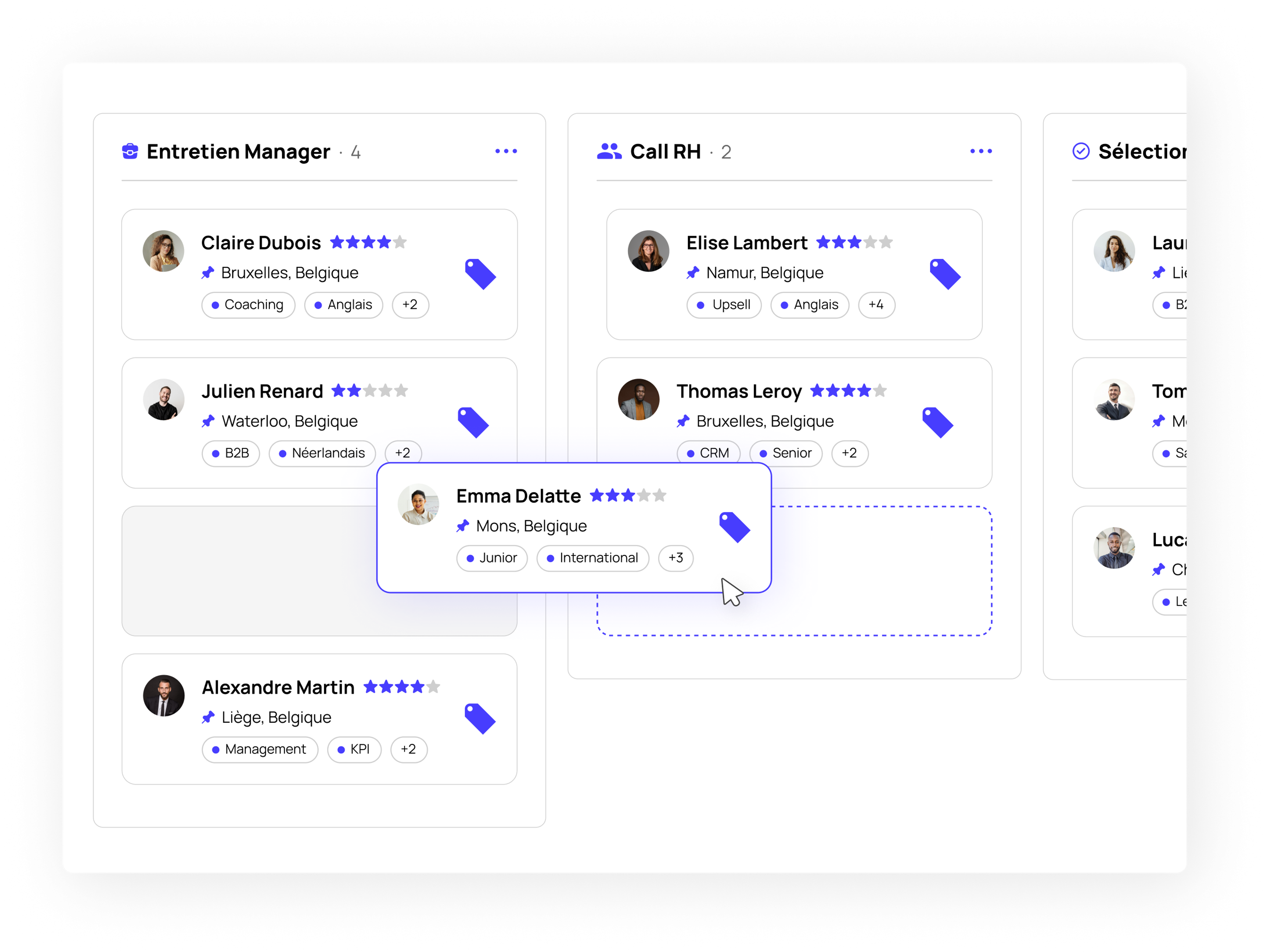 A screenshot of the Jobloom ATS Kanban board showing a drag-and-drop recruitment pipeline with candidate cards and stage tracking.