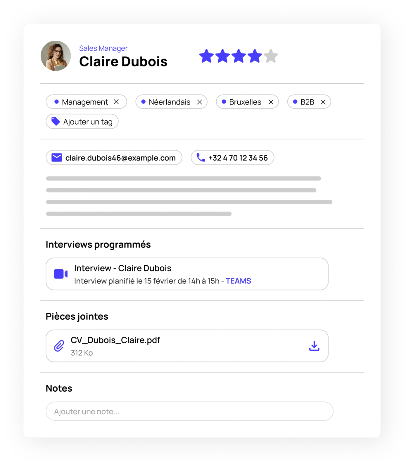 A screenshot of a candidate profile in the Jobloom ATS, featuring star ratings, skill tags, interview scheduling via Teams, and CV attachment management.