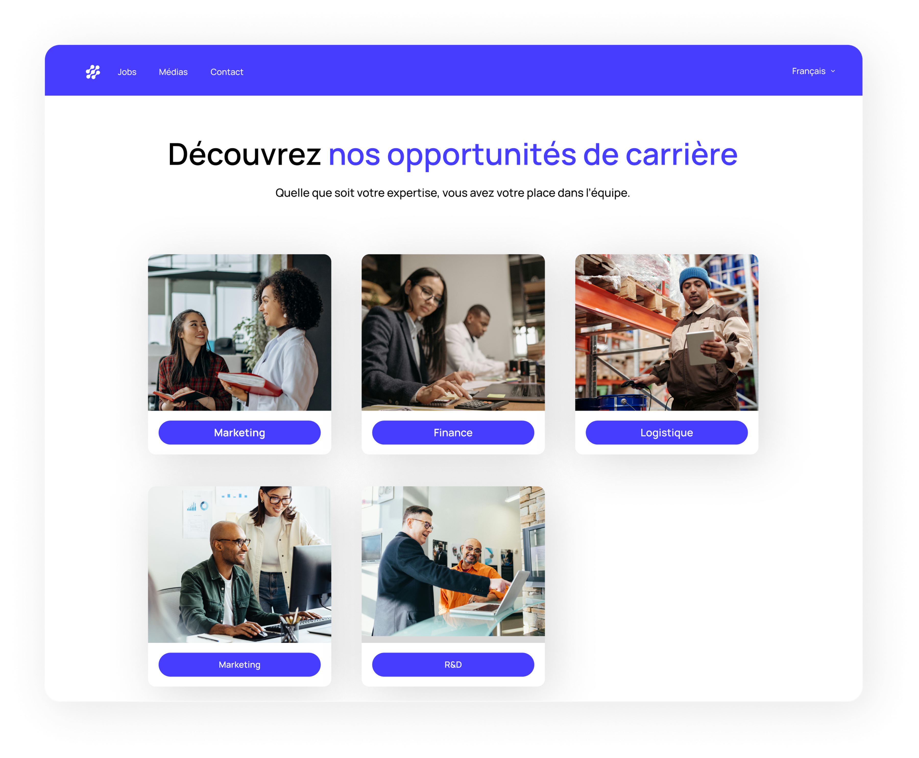 Product screenshot showing a Jobloom career site layout organized by departments such as Marketing, Finance, Logistics, and R&D.