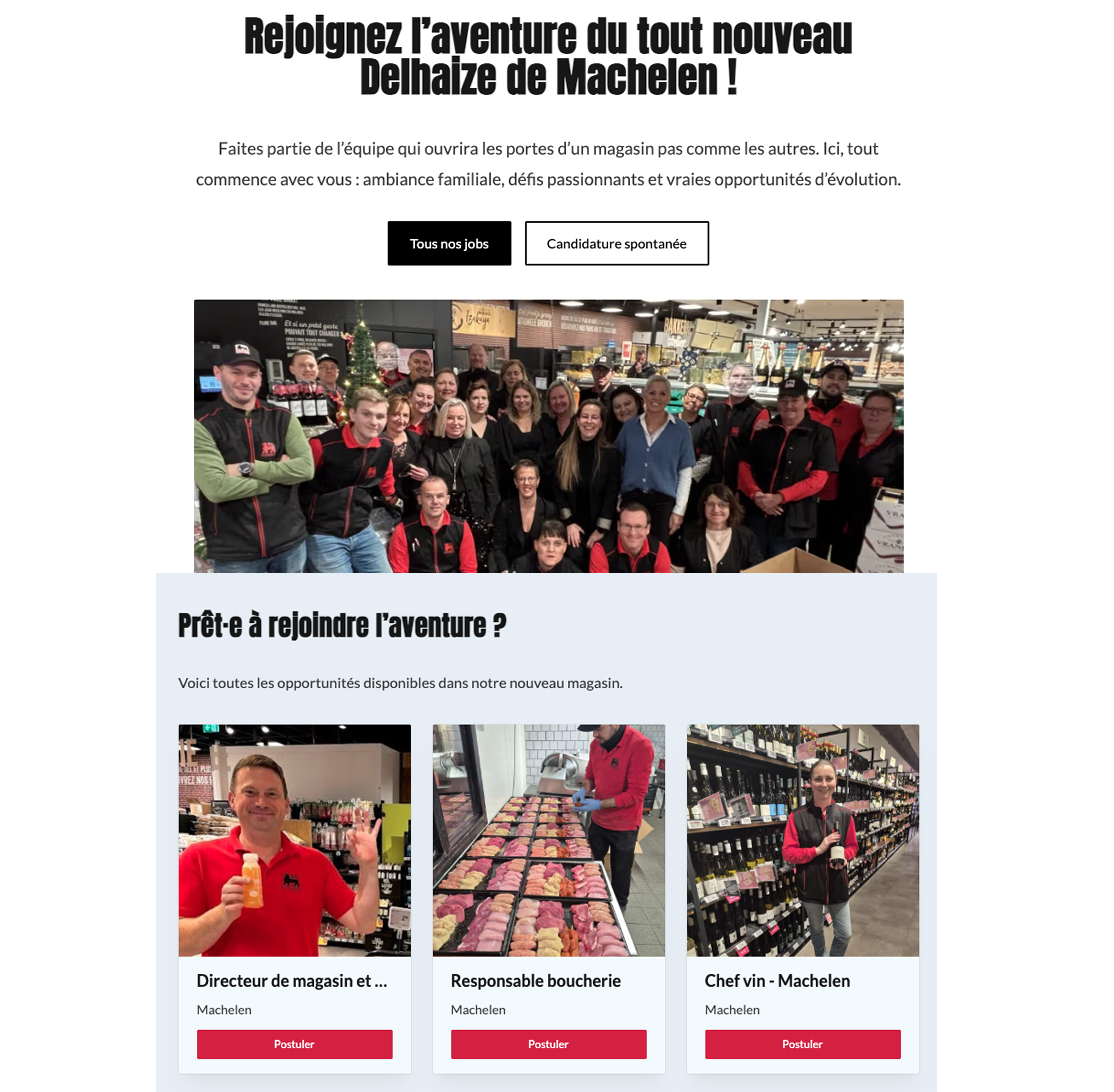 Screenshots of Machelen Delhaize's career site homepage and job opportunities.