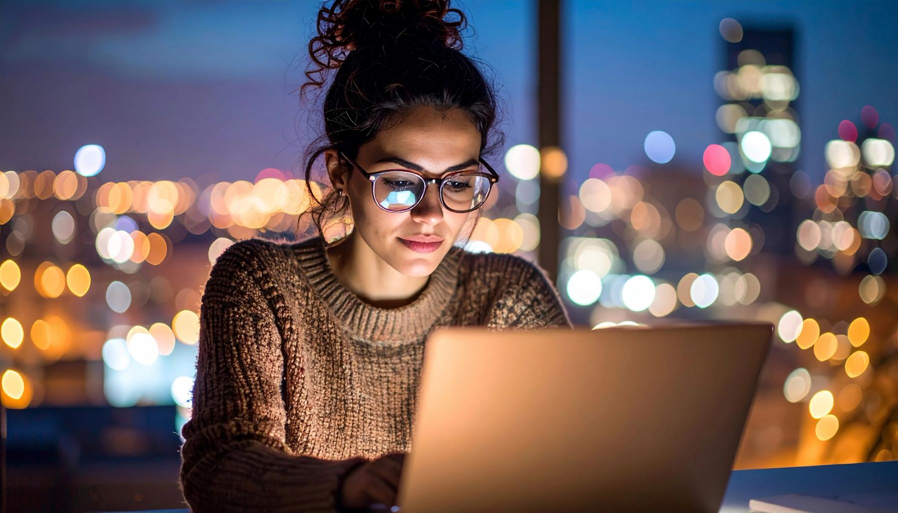 A recruiter using a laptop at night with city lights in the background, illustrating the digitalization of recruitment for SMEs.