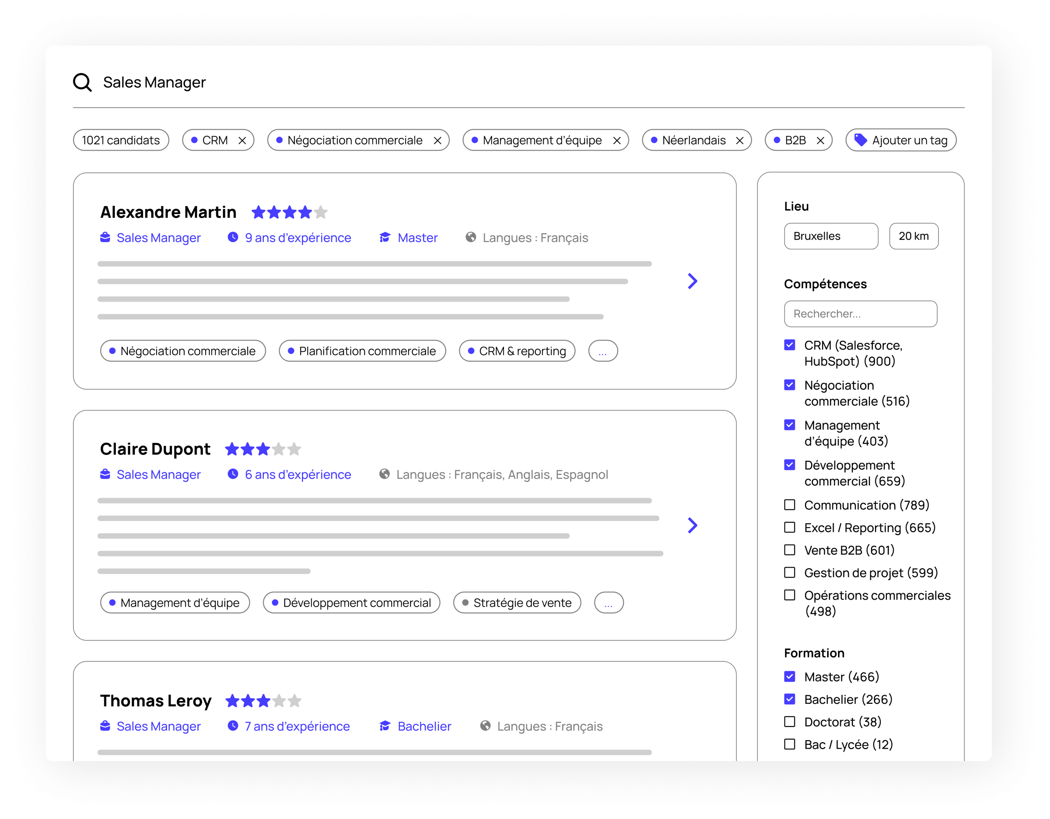 A screenshot of the Jobloom ATS talent pool search interface, featuring advanced filters for skills, location, and experience to source candidates from an internal database.