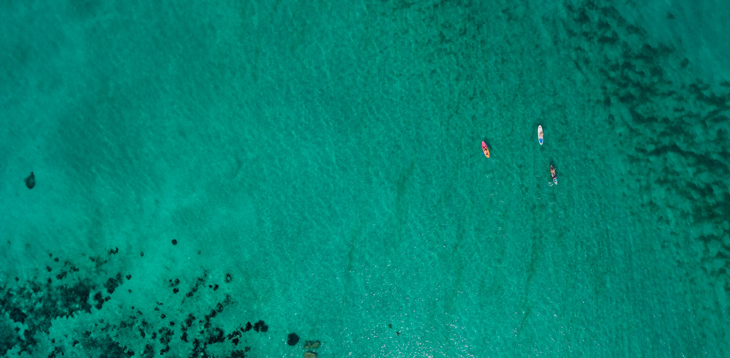 aerial view of 3 people paddle boarding in turquoise coloured water of Coverack, Cornwall
