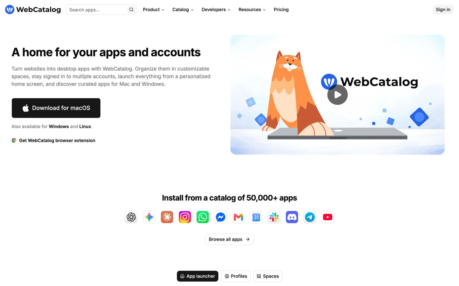 WebCatalog website, homepage