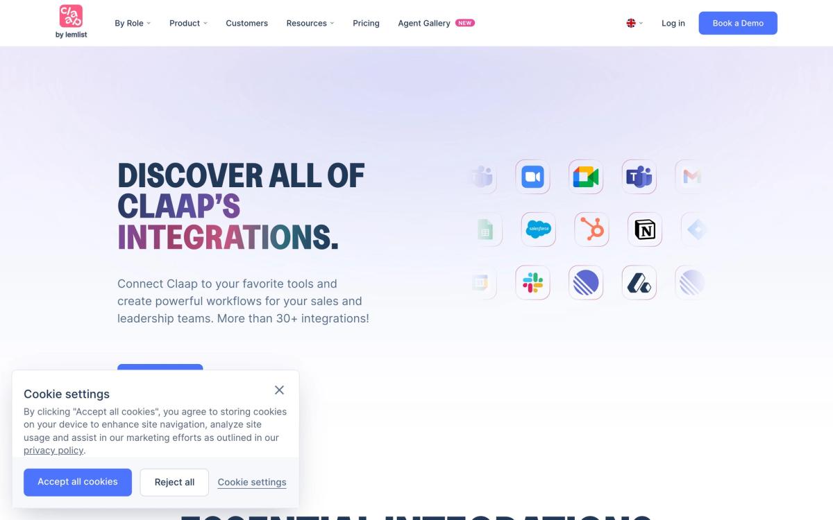 Claap, integrations page screenshot