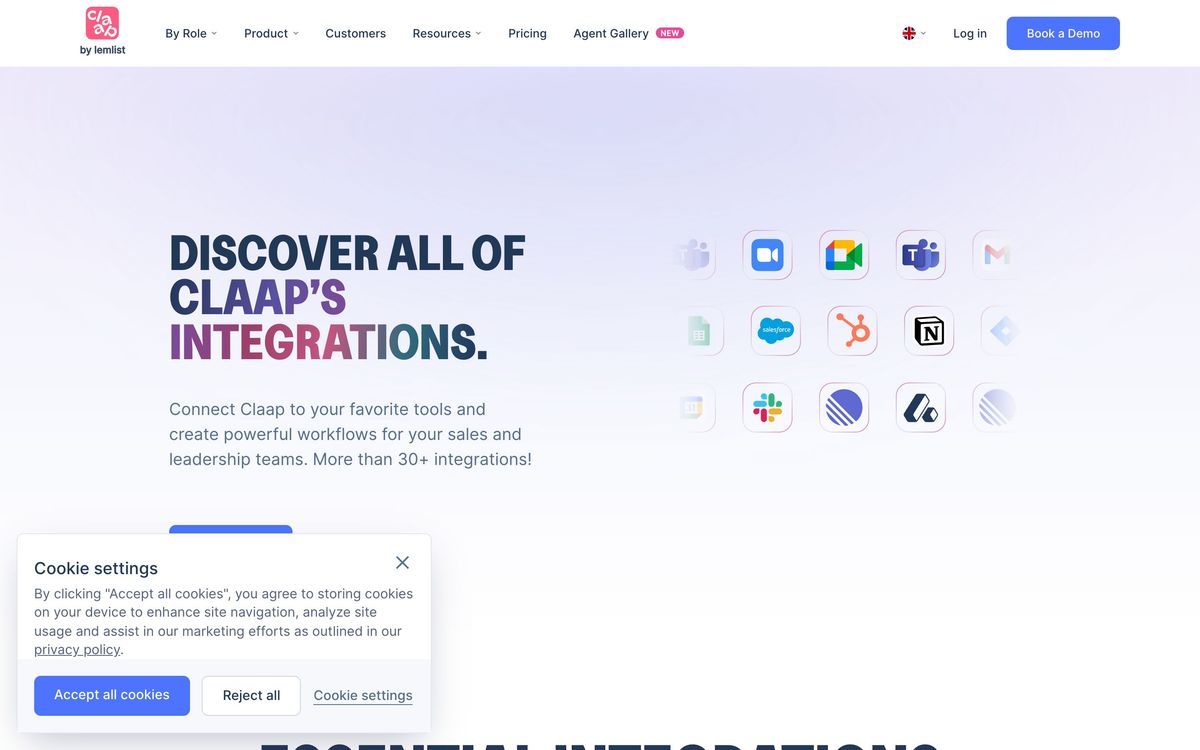 Claap, integrations page screenshot