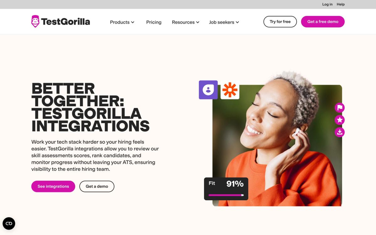 TestGorilla, integrations page screenshot