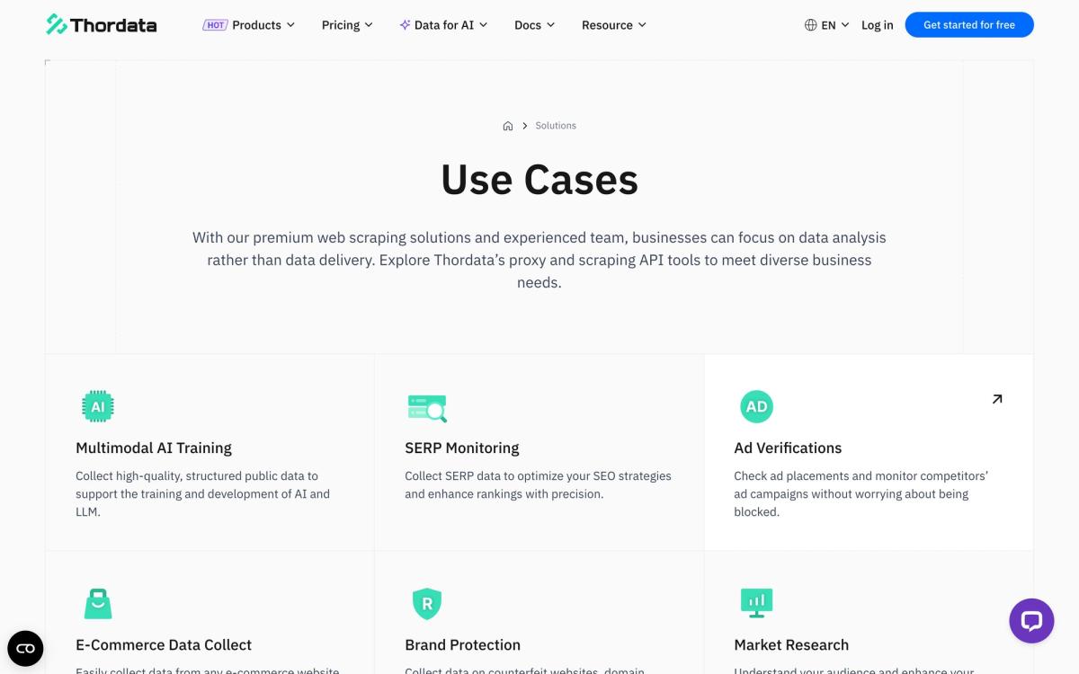 Thordata, use cases page screenshot