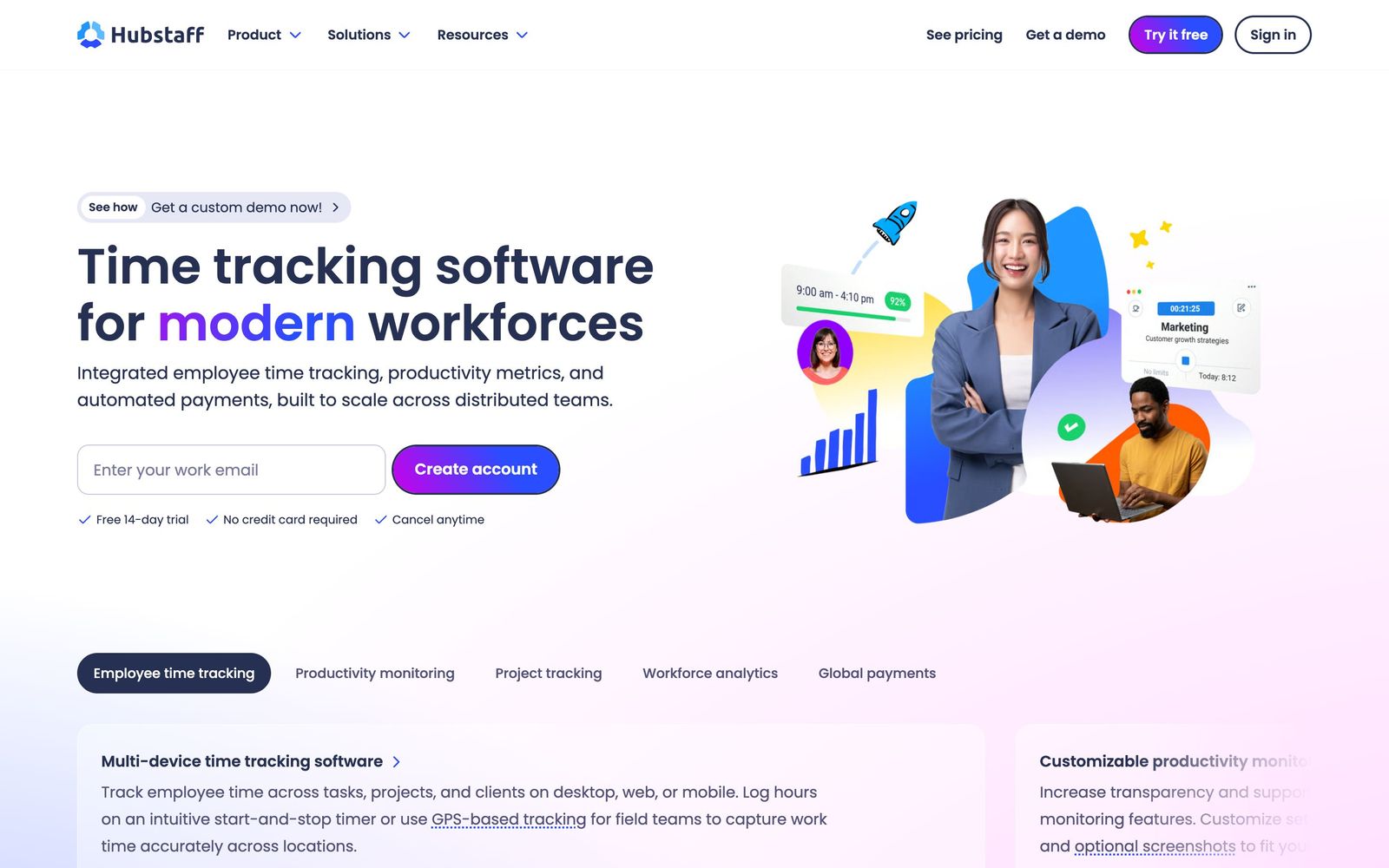 Hubstaff website, homepage