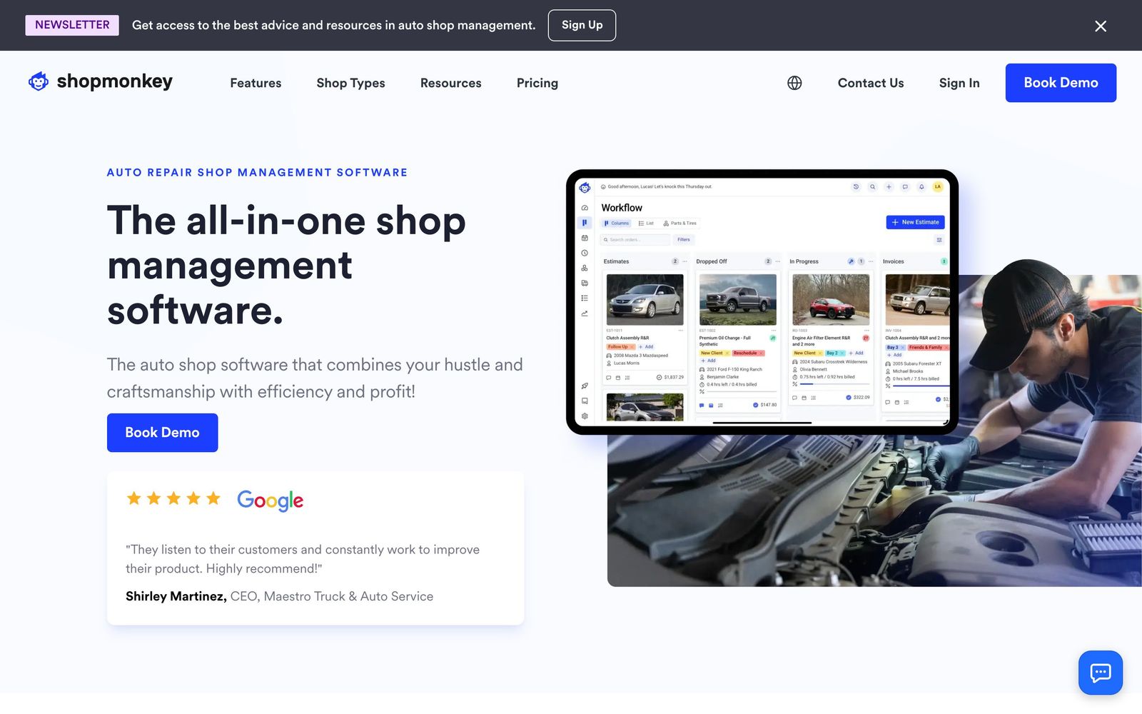 Shopmonkey website, homepage
