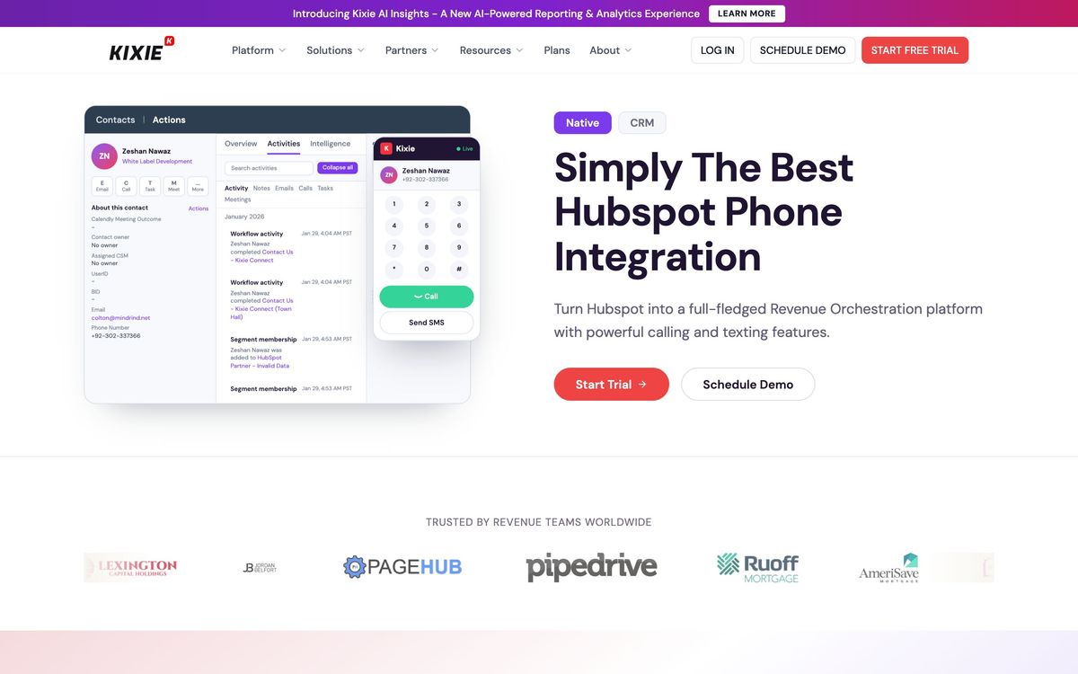 Kixie, integrations page screenshot