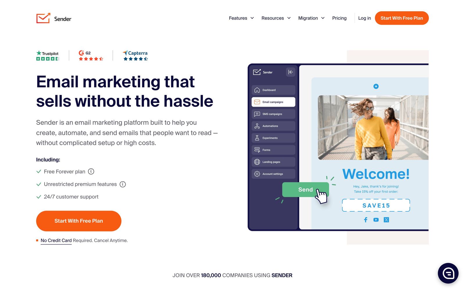 Sender website, homepage